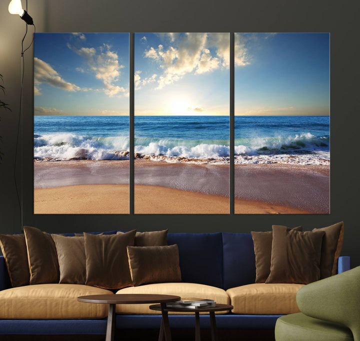 The dining room features a Coastal Tropical Beach Sunset canvas wall art.