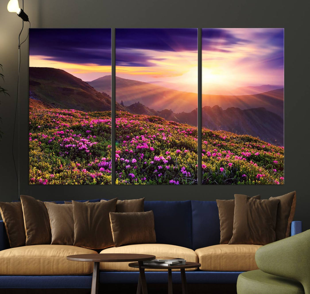 Gallery-wrapped wall art of a stunning mountain sunset and purple flowers.