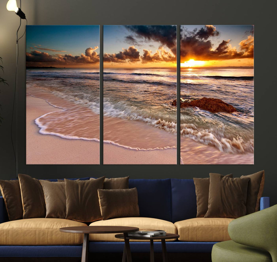 The Sunset on Ocean Wall Art Canvas Print beautifully captures a beach sunset, gentle waves, and a peaceful atmosphere.