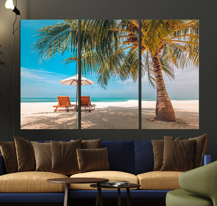 The 3-panel Tropical Beach Wall Art features palm trees and sun loungers, perfect for coastal decor.