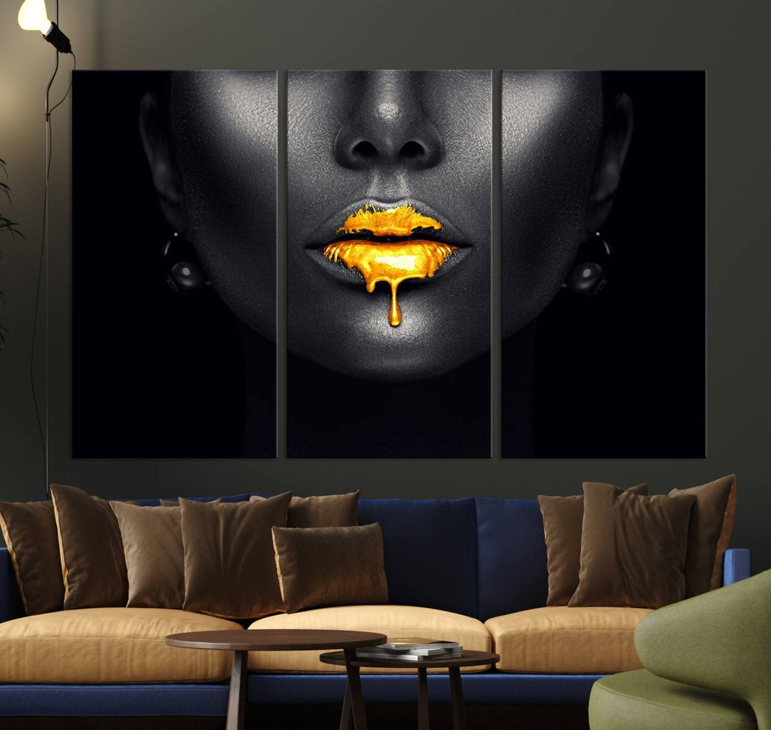 The Honey Gold Lips and Black Woman Photograph canvas print adds a striking touch to the room.