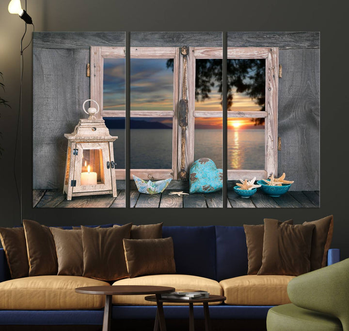 The Astonishing Sunset from the Window canvas print beautifully captures a sea view, accompanied by a lantern and starfish.