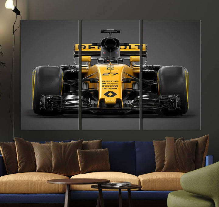 A yellow and black F1 Renault car canvas print with free shipping.