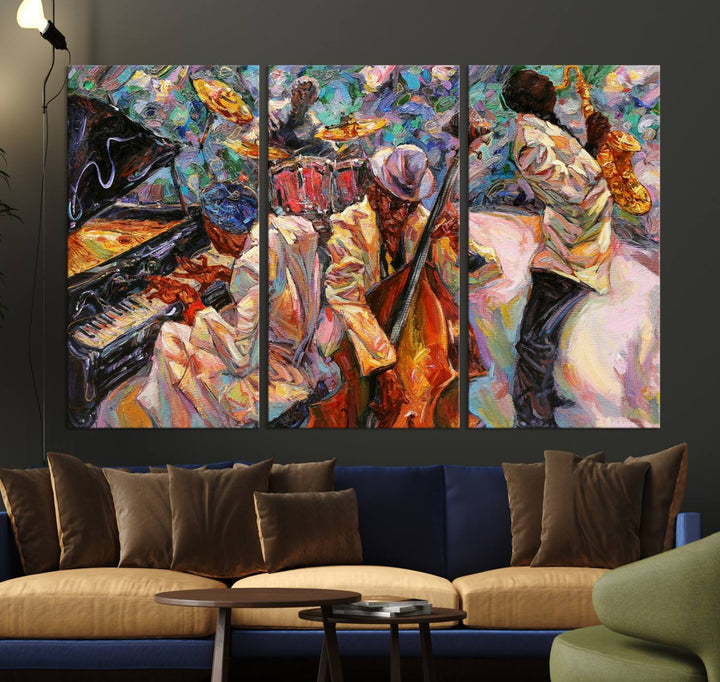 The wall features an African American Jazz Art Music Abstract Painting on Canvas.