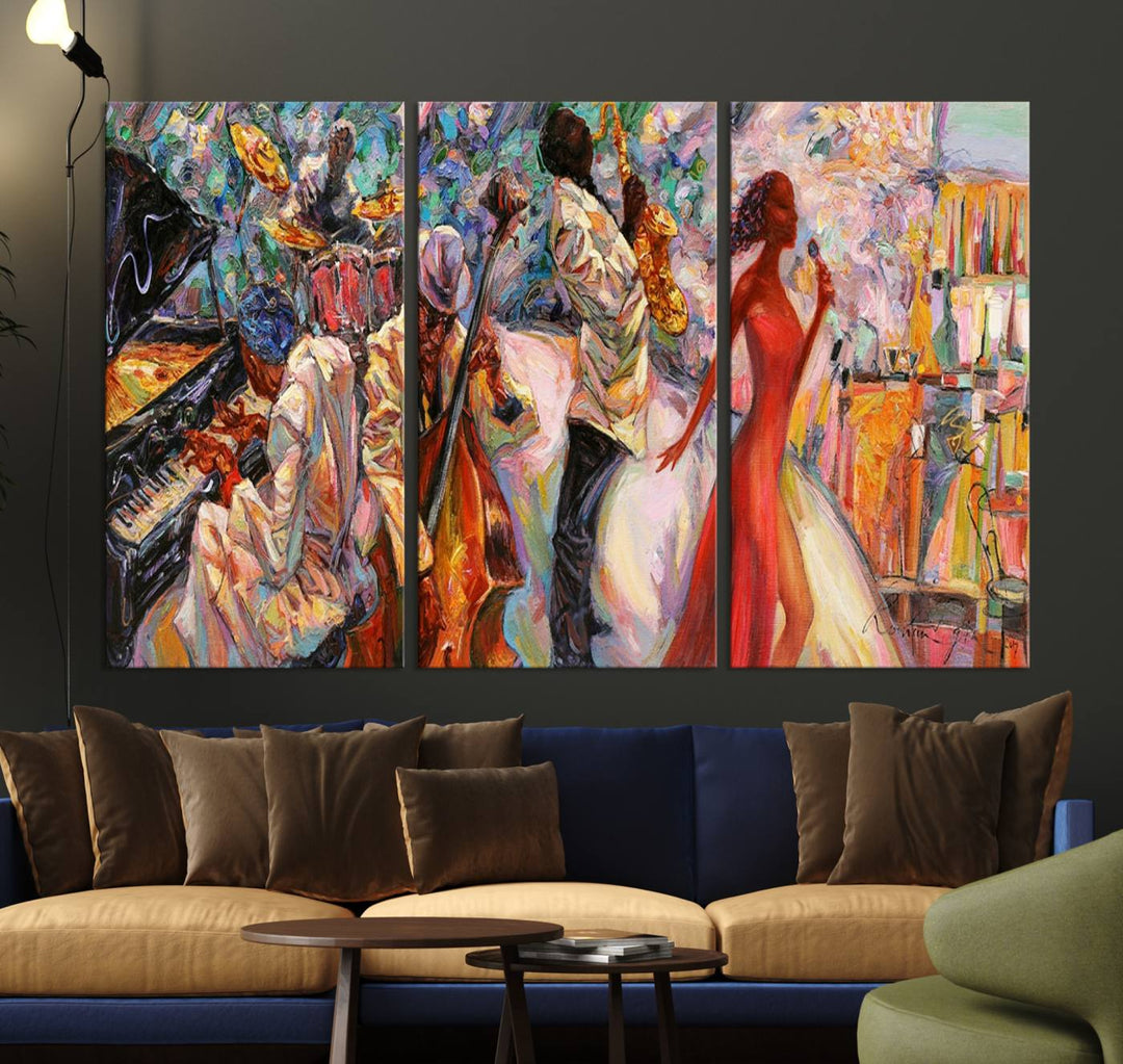 The Abstract Afro American Jazz Canvas captures a vibrant jazz band and showcases a woman dancing in red, making it perfect for dining or music spaces.