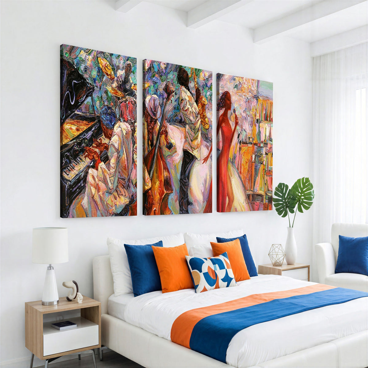 40574-_Poster-30x20 - Afro American Jazz Band Canvas Wall Art | 3 Panel Music Studio Decor