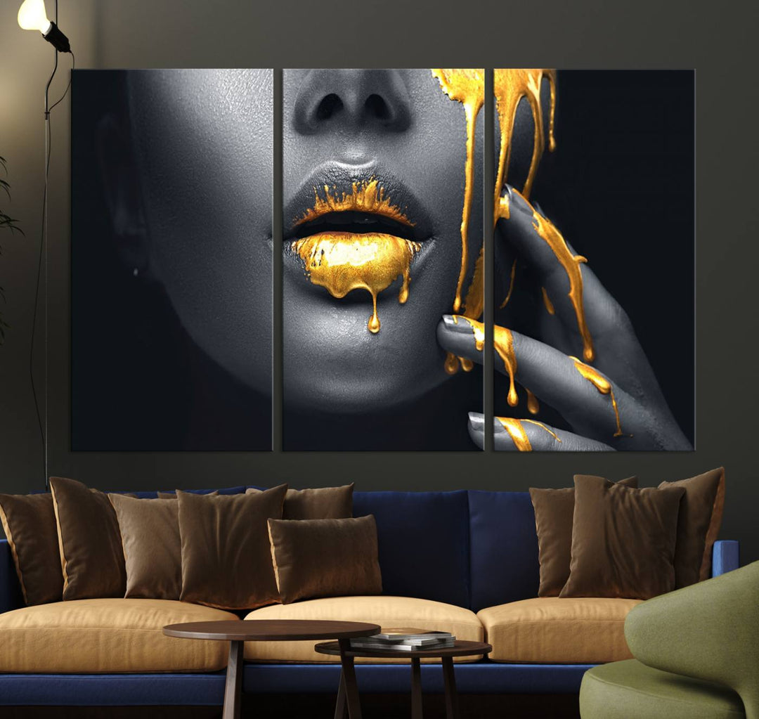 Above the dining area is the Gold Glitter Lips Fashion Makeup canvas wall art.