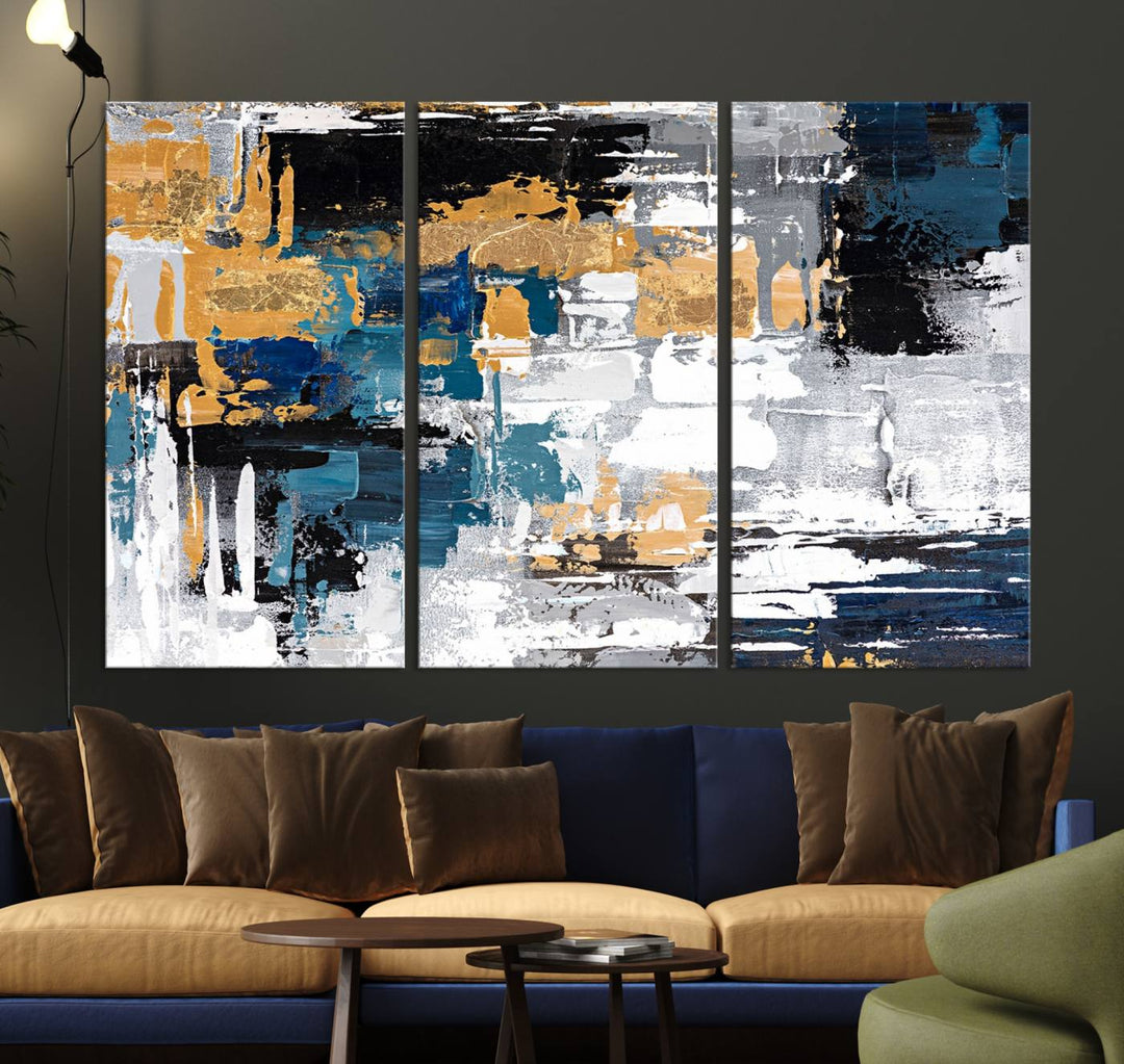 Blue and Gold Abstract Canvas Wall Art hangs prominently.