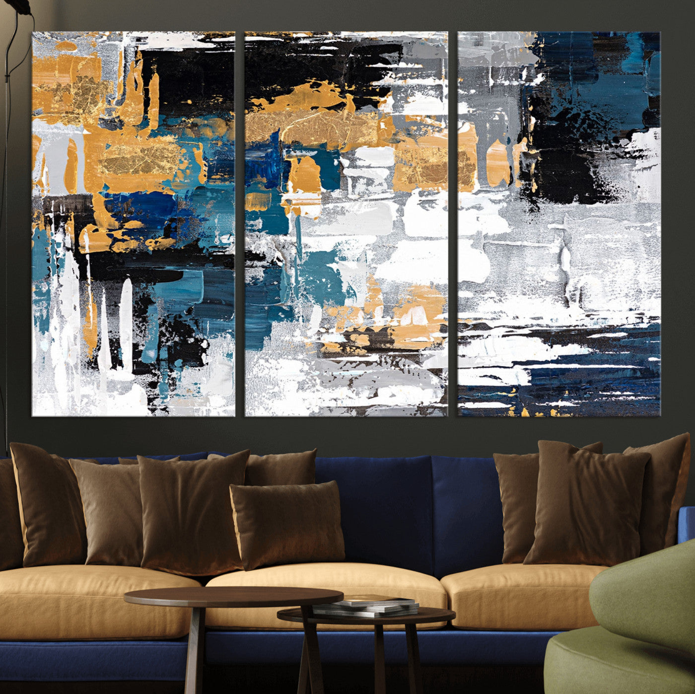 -Blue and Gold Abstract Canvas Wall Art – Triptych Modern Painting for Living Room – Framed and Ready