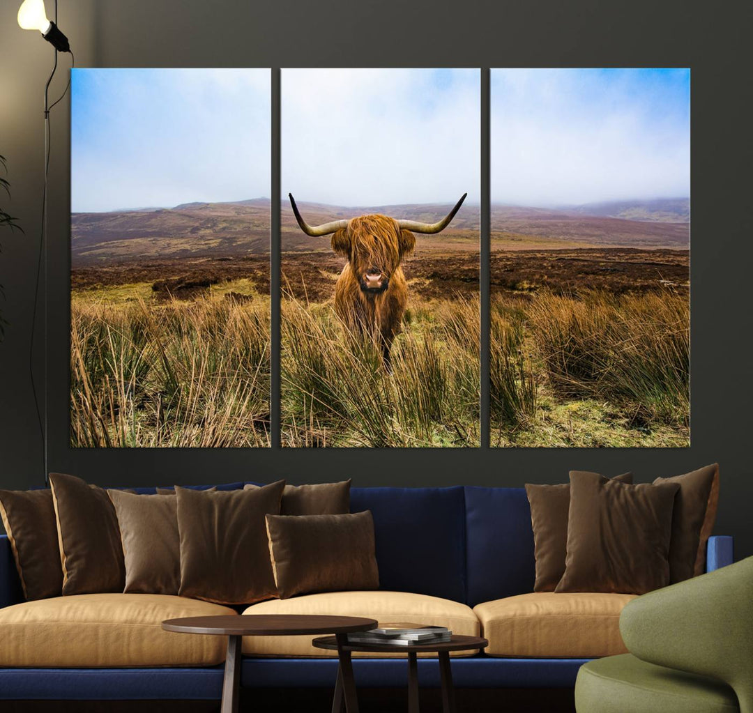 A Scottish Highland Cow art print canvas with UV-protection adorns the wall, preserving vivid details.