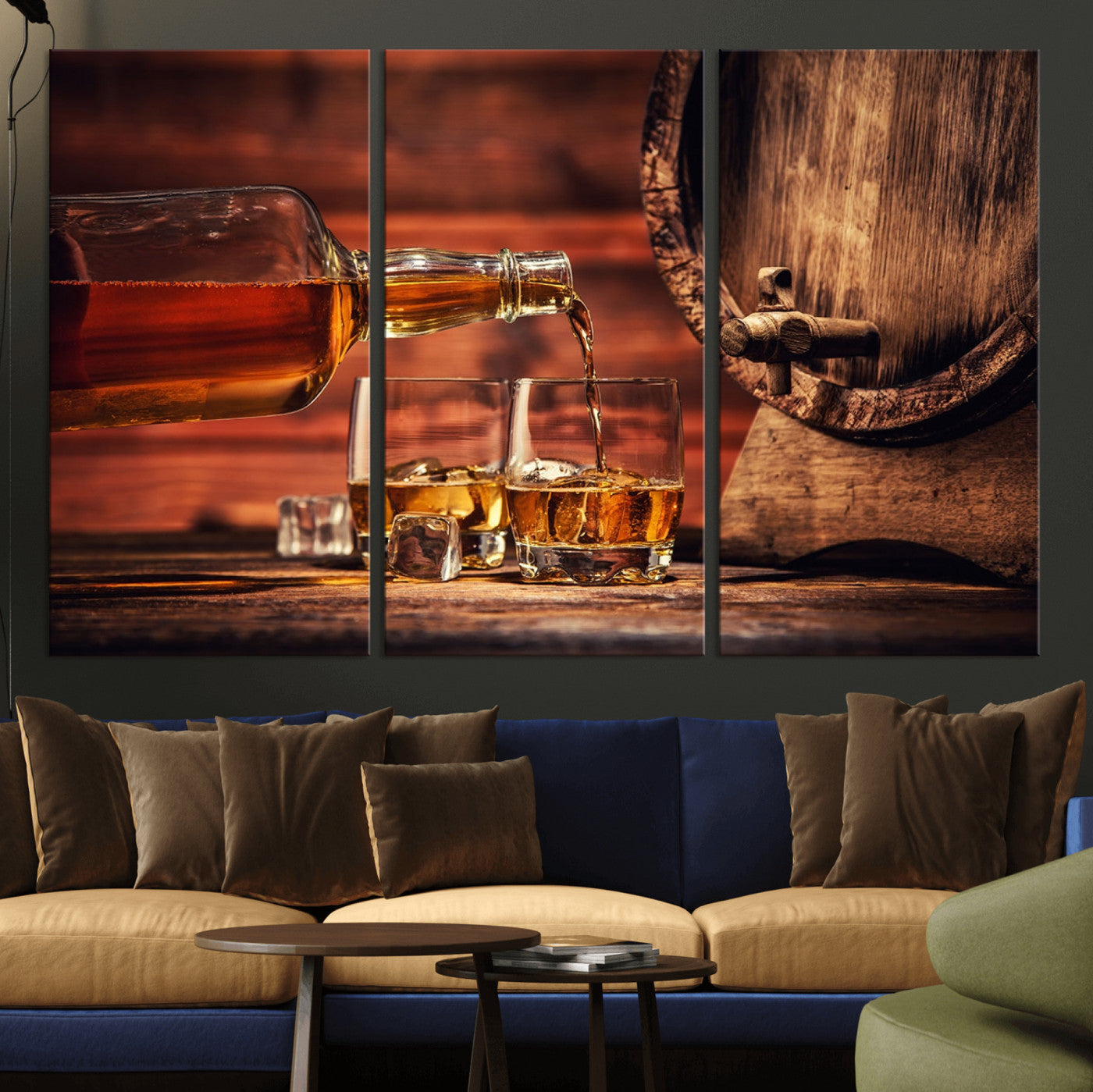 MGV-CV-48X32-3P - Whiskey and Cigar Canvas Wall Art | 3 Panel Bar Room Decor for Home Lounge, Office, or Man Cave |