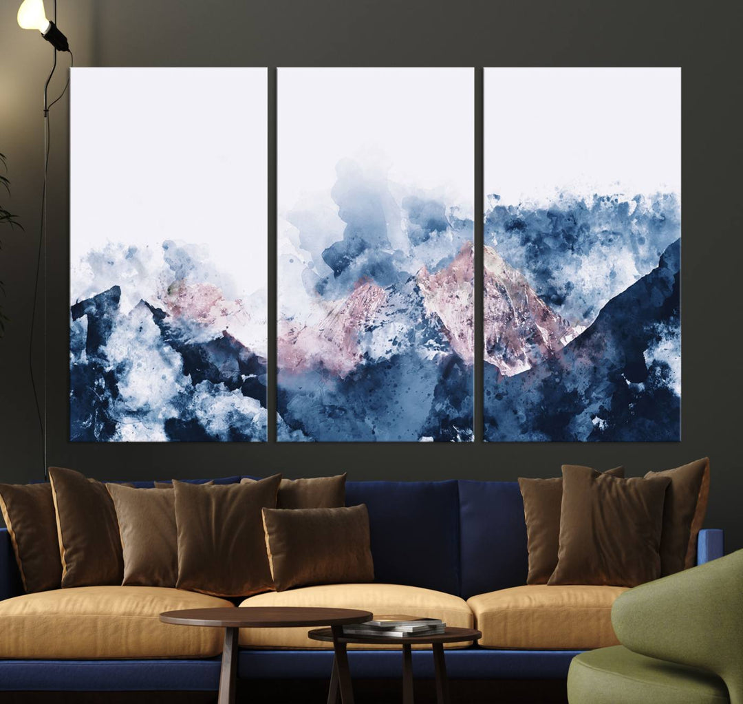 A modern kitchen showcases an Abstract Watercolor Mountain Landscape Art Canvas Print.