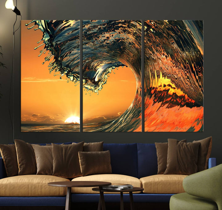 The Ocean Wave With Perfect Sunset canvas wall art adds a striking focal point to the room.