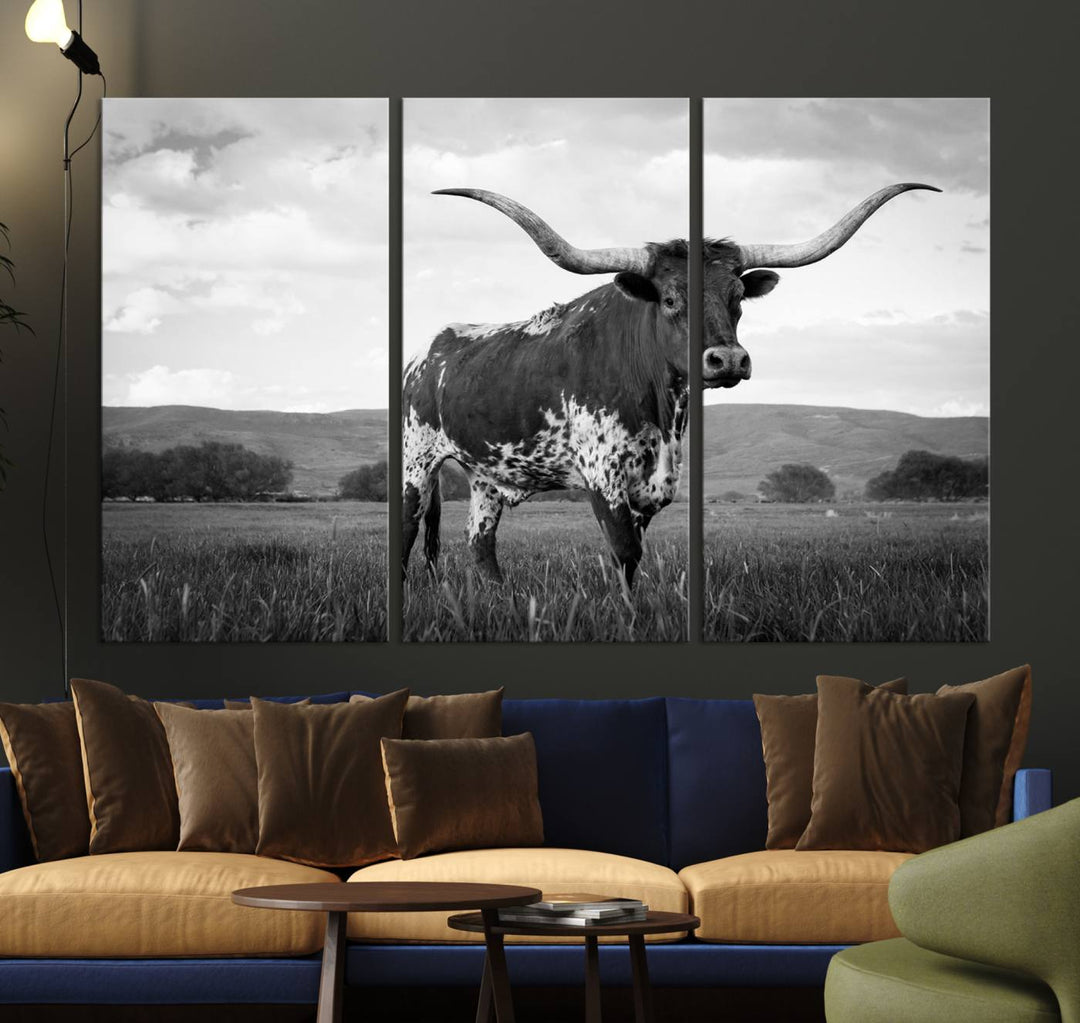 A Black and White Longhorn Texas Cow Canvas Wall Art.