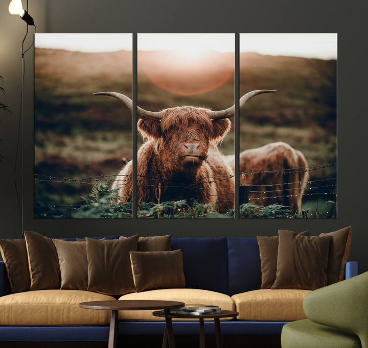 A Highland Cow Animal Canvas Wall Art, featuring a grassy field, is displayed on the wall.