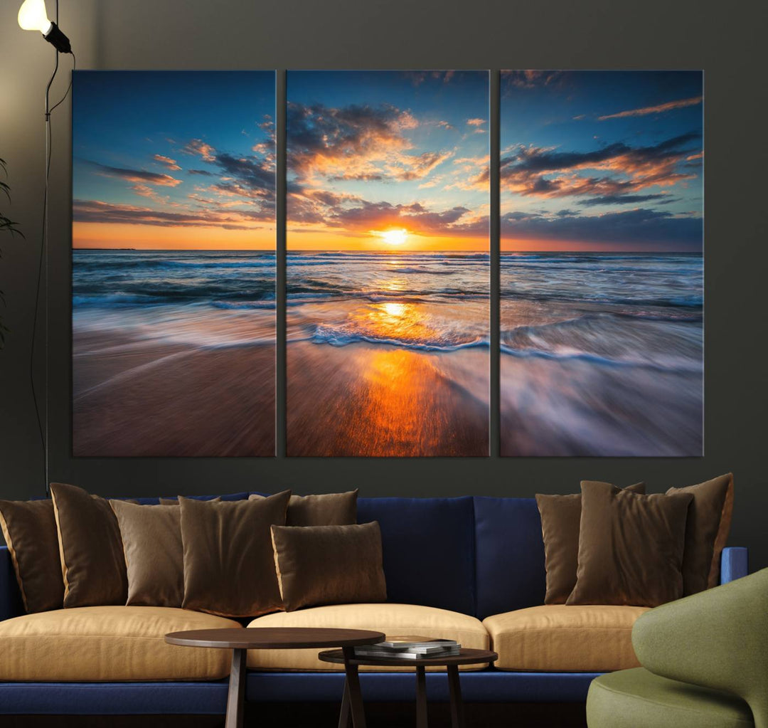 A museum-quality Beautiful Sunset over the Horizon canvas adorns the living room wall.