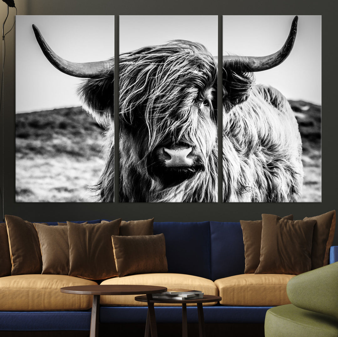 Highland Cow Wall Art | 3-Panel Black and White Highland Cow Canvas Print for Western Farmhouse Decor