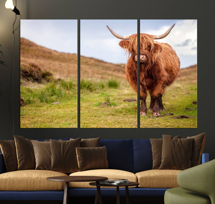 A Highland Cow Animal Canvas Wall Art hangs on the wall, adding warmth to the room.