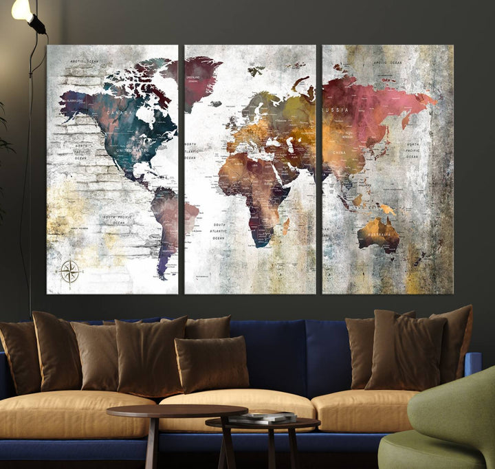 World Map Wall Art Triptych | 3-Panel Canvas Print Featuring Antique Style Map for Living Room, Office, Study, or Home Decor | Vintage Map Wall Art