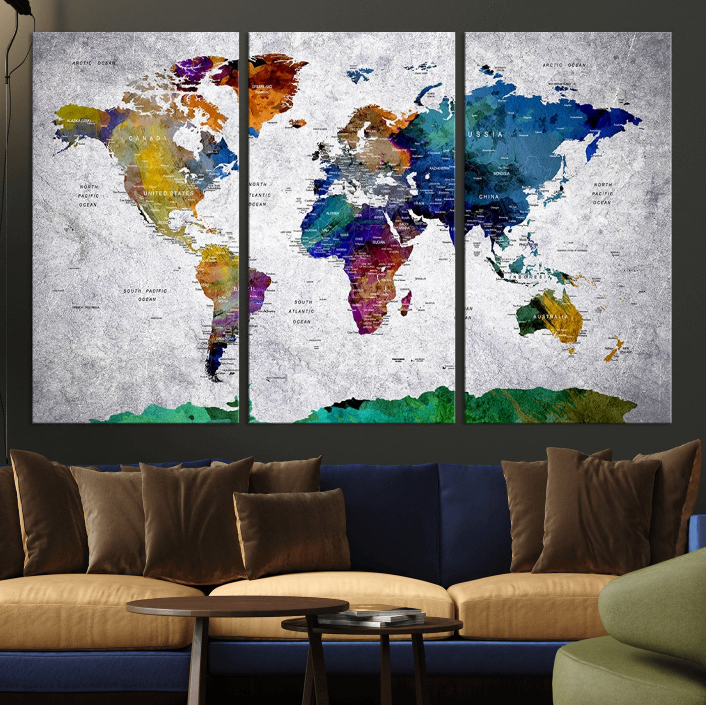 26840-MGV-CV-36X24-Push Pin World Map Canvas Print – Framed Travel Tracker Wall Art for Couples, Anniversary Gift and Modern Home Decor