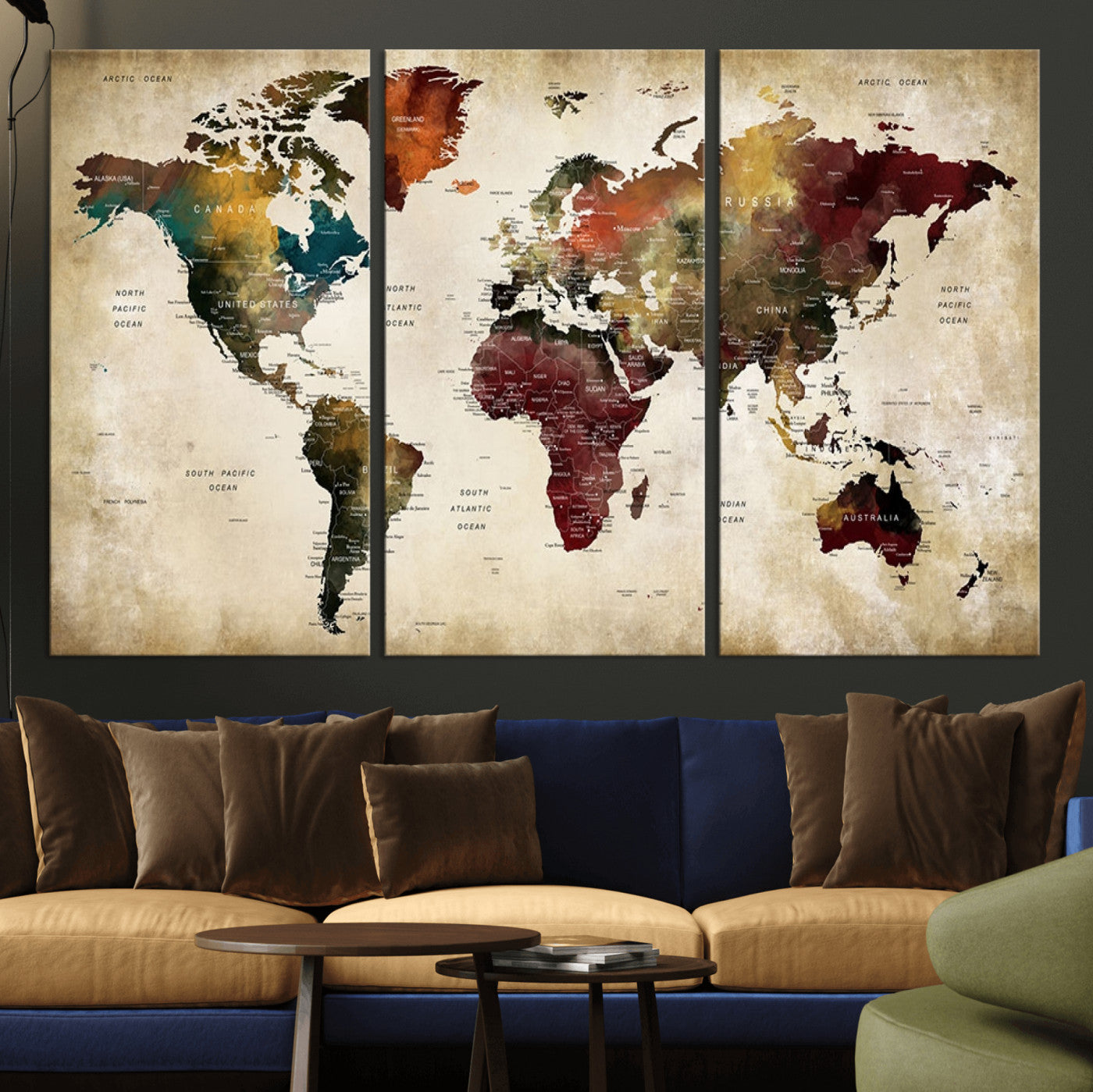 -Large World Map Wall Art Canvas Print, Framed Push Pin Map Art Picture Print, Abstract Traveller Map Perfect Modern Decor Artwork