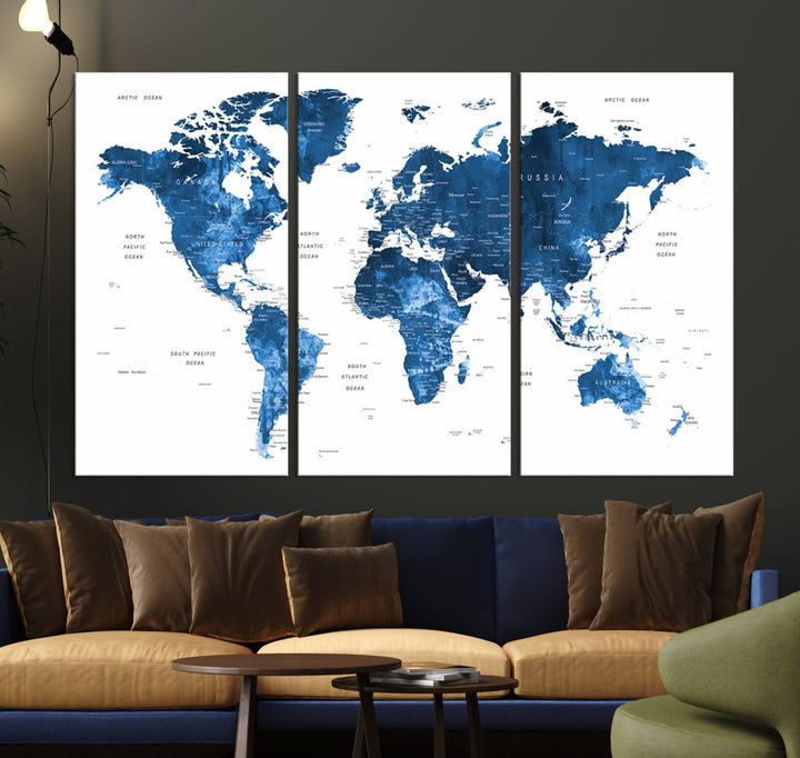 Navy Blue Wall Art World Map Canvas Print, an ideal piece for anyone seeking unique home or office decor.