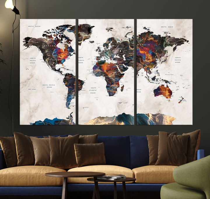 Watercolor World Map Canvas Print in earthy hues with a grunge background, ideal for wall decor.