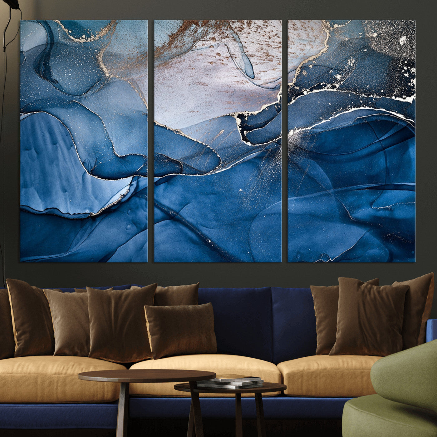 27810-MGV-CV-36X24-Navy Blue Canvas Art Abstract Print – Elegant Triptych Modern Art Print – Contemporary Decor for Living Room or Office