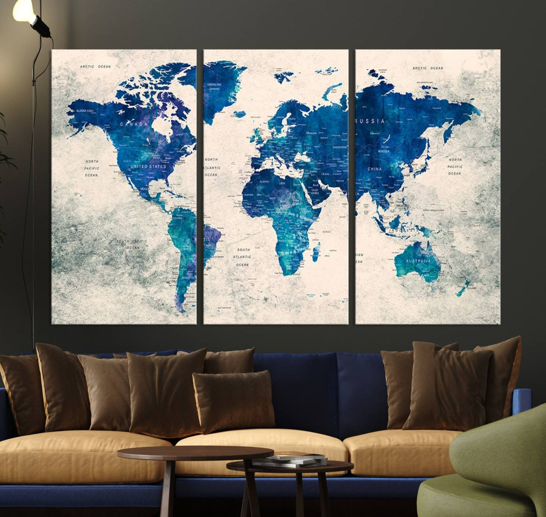 Navy Blue Push Pin World Map Canvas Print featuring a grunge-stained background, with labeled countries and oceans.