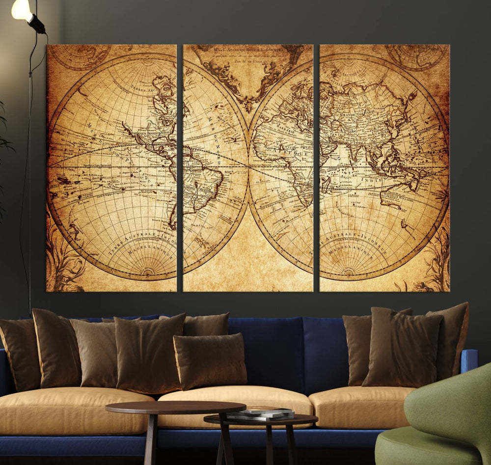 The 3-panel vintage world map canvas print hangs prominently.