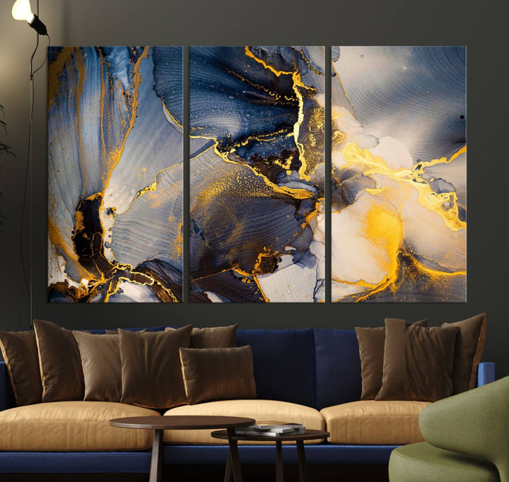 Large Abstract Wall Art Print - Gold and Blue Abstract Canvas Wall Art | Fluid Ink Modern Luxury Wall Decor for Living Room Decor