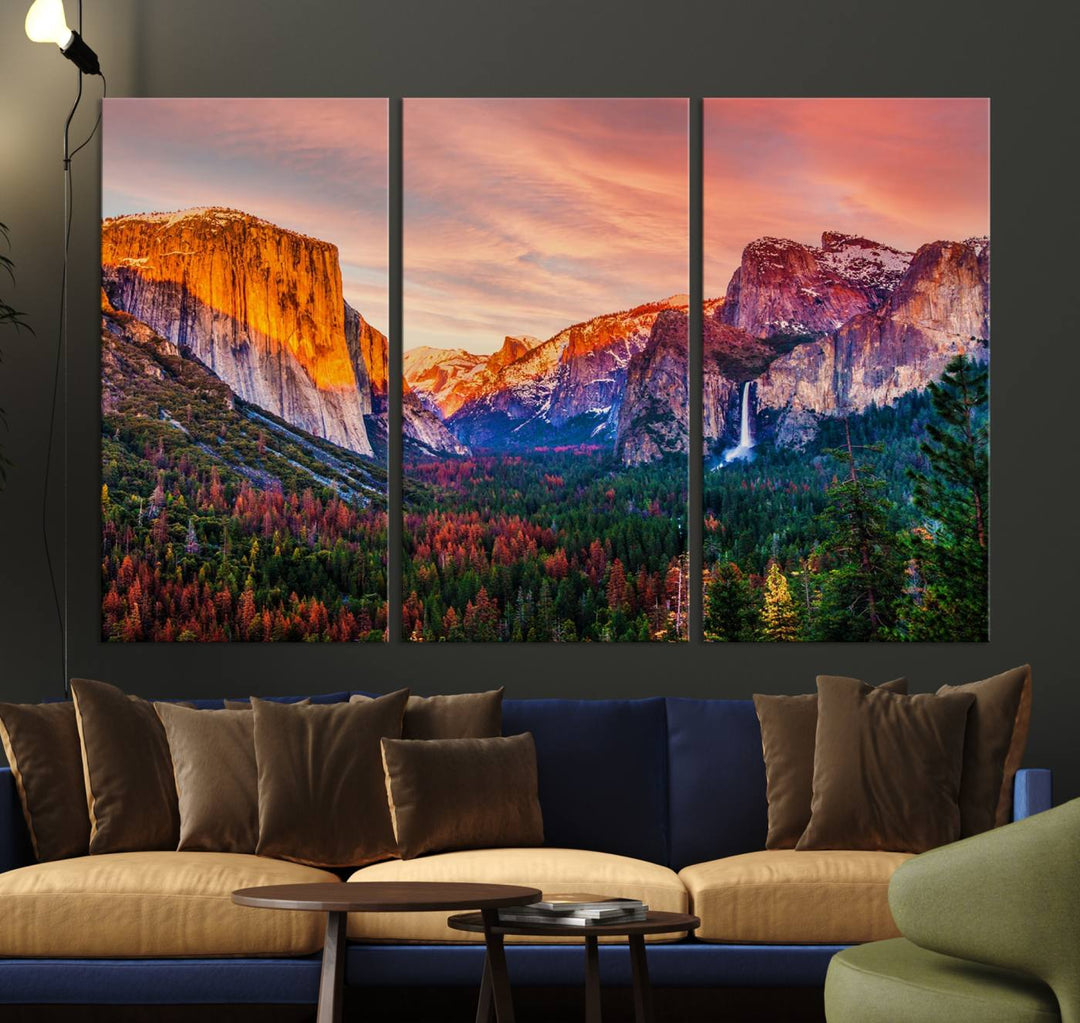 An El Capitan Yosemite Canvas showcasing a sunset over a mountain valley.