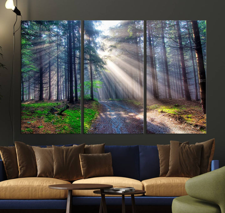 The dining area features a 3-panel Forest Path Canvas showcasing sun rays filtering through a misty forest.