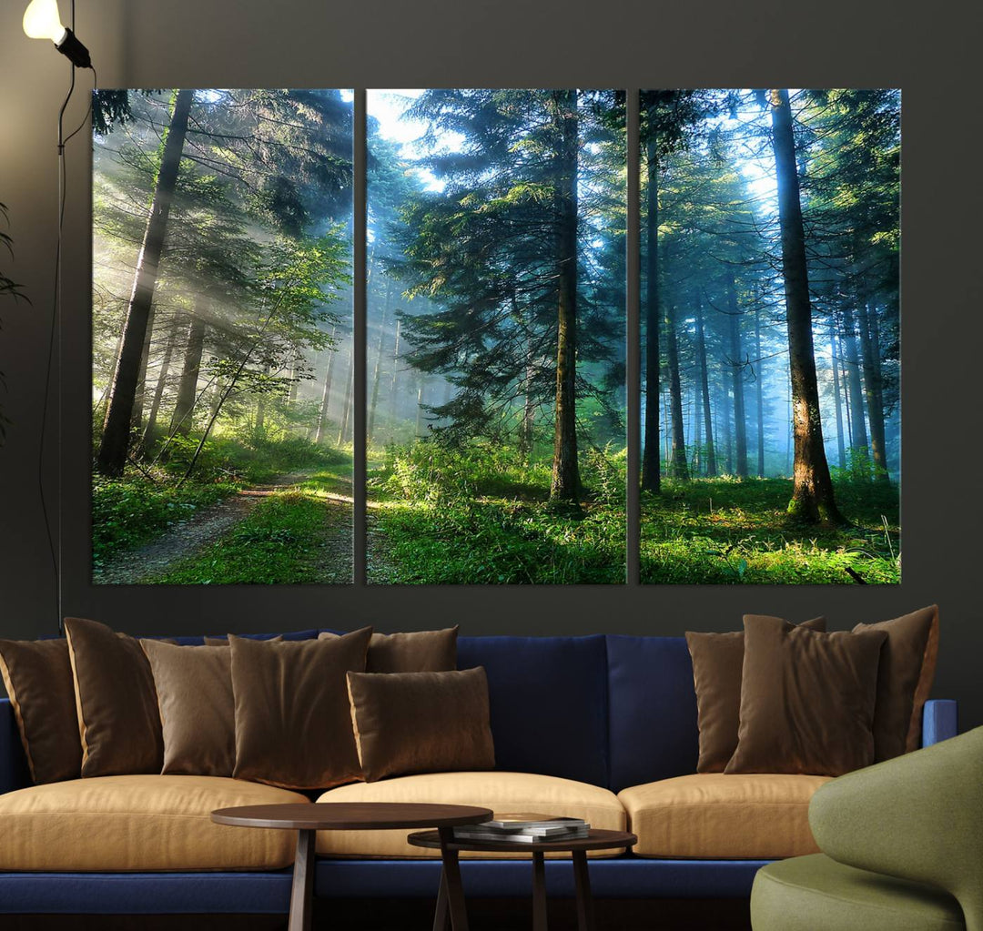 Enhancing the space is the Forest Sun Shine wall art canvas print, showcasing a serene forest scene.