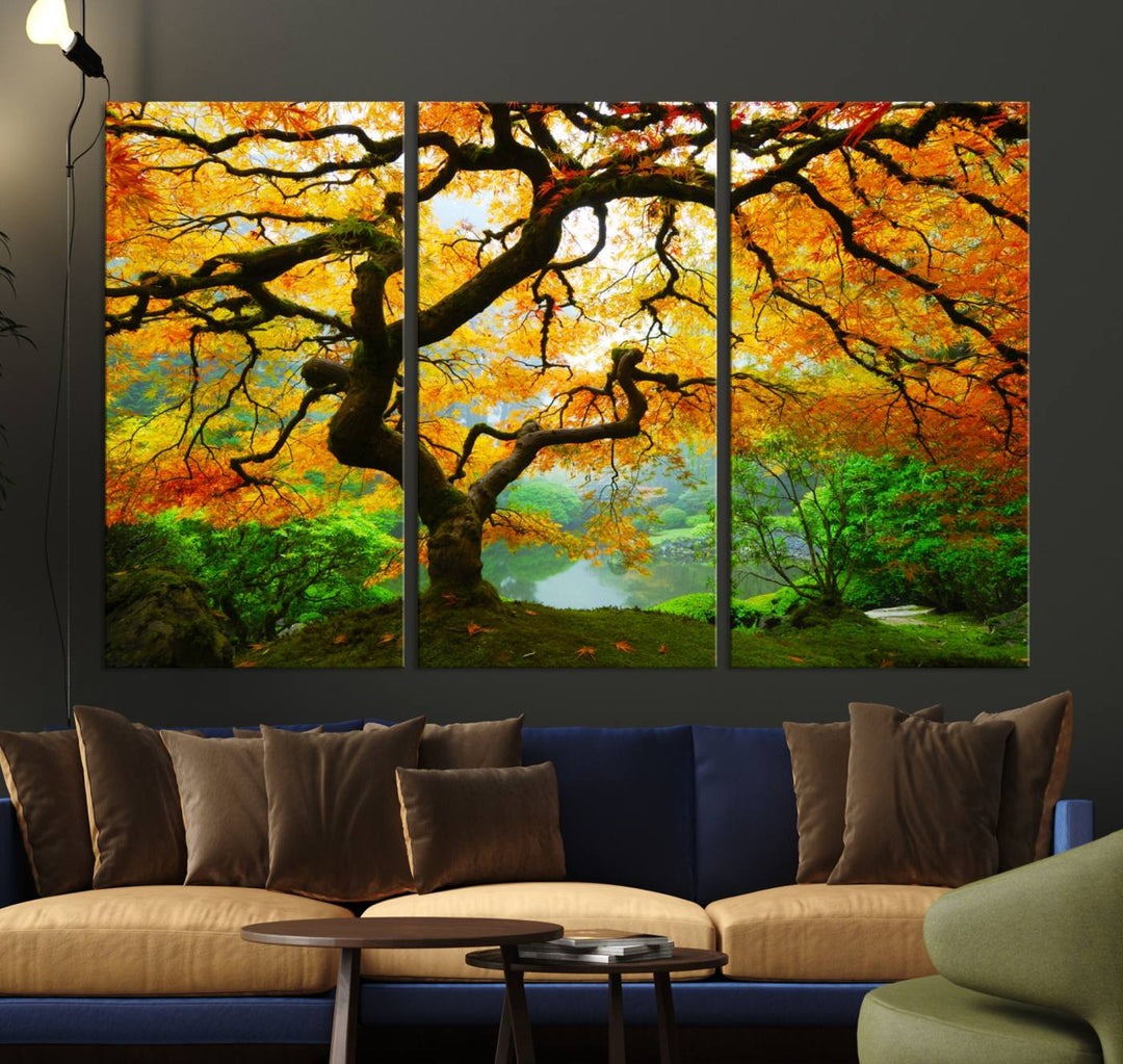 The Portland Japanese Maple Tree Canvas adds elegance to a modern living room.