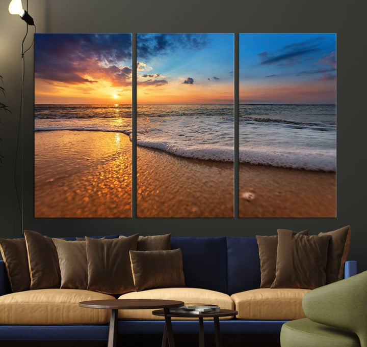 The Golden Sunset Beach Waves Triptych adds a modern coastal touch with its stunning seascape.