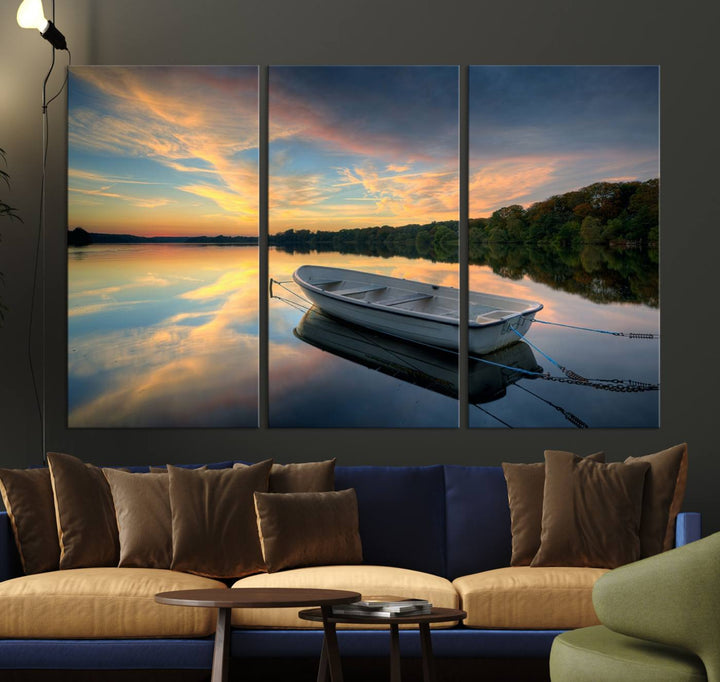 Serene Rowboat on Calm Lake Triptych Canvas Art, Giclee Wall Art of Peaceful Sunset Reflections, Tranquil Landscape Wall Art for Home or Office