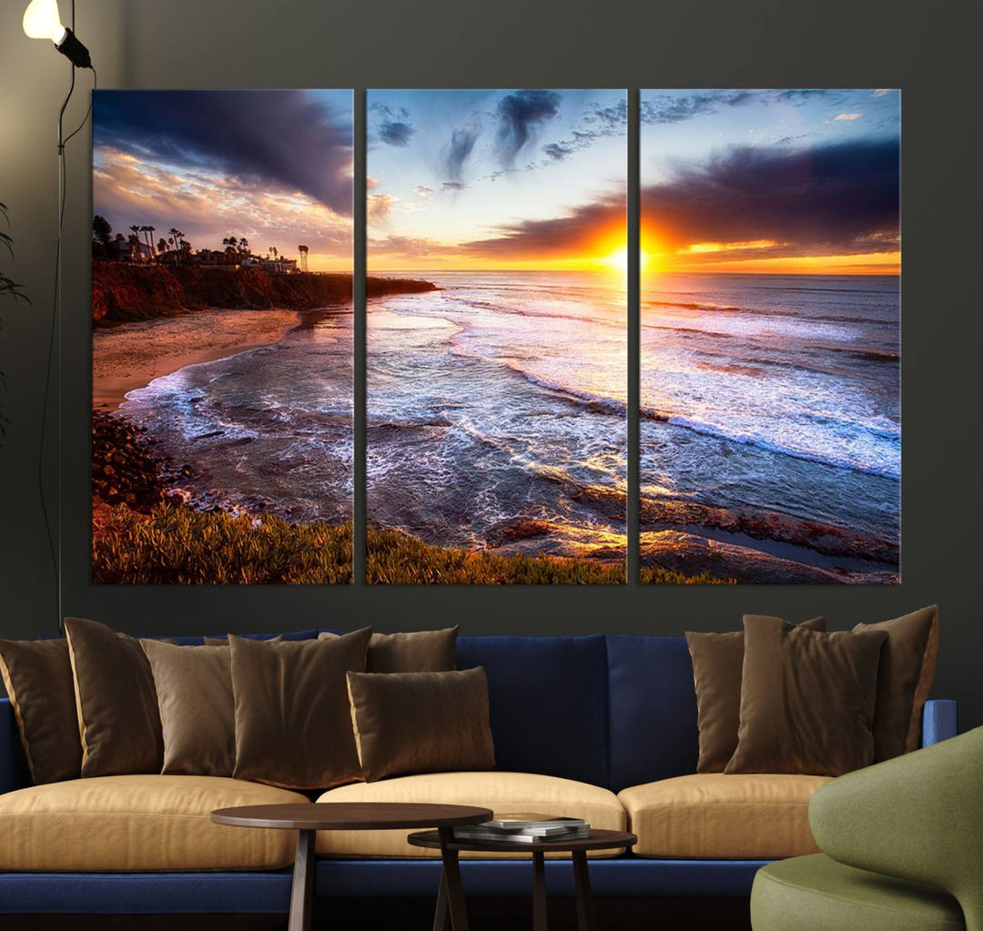 California Coastline Sunset Canvas Art, Ocean Waves Crashing on Cliffs, Giclee Canvas Print for Beach House Decor