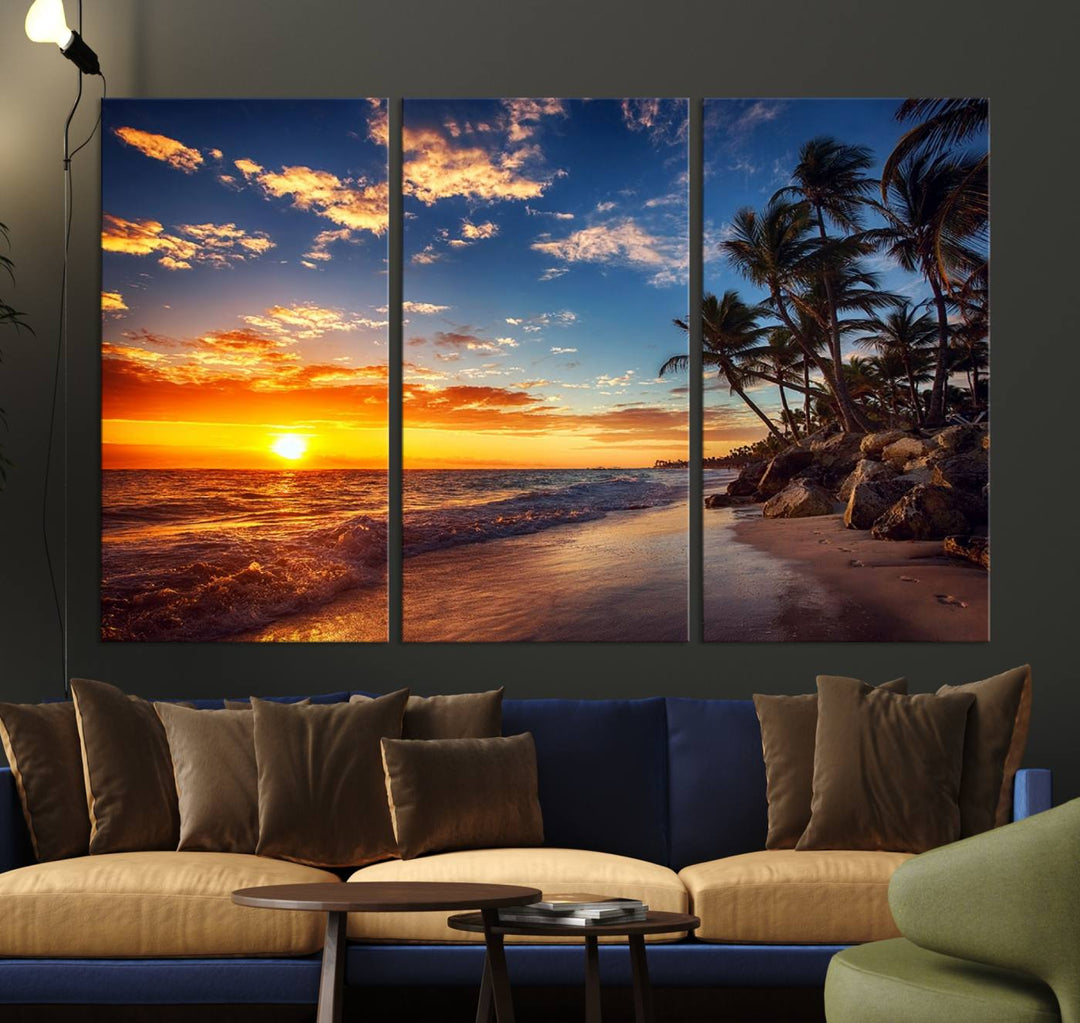 Tropical Beach Sunset Canvas Art, Palm Trees and Ocean Waves Wall Art, Giclee Print for Coastal Home Decor