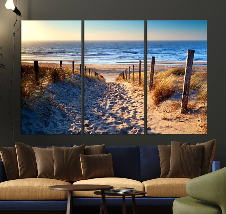 Tropical Beach Sunset Canvas Art, Ocean Waves and Sandy Shoreline Wall Art, Large Beach Decor for Coastal Homes