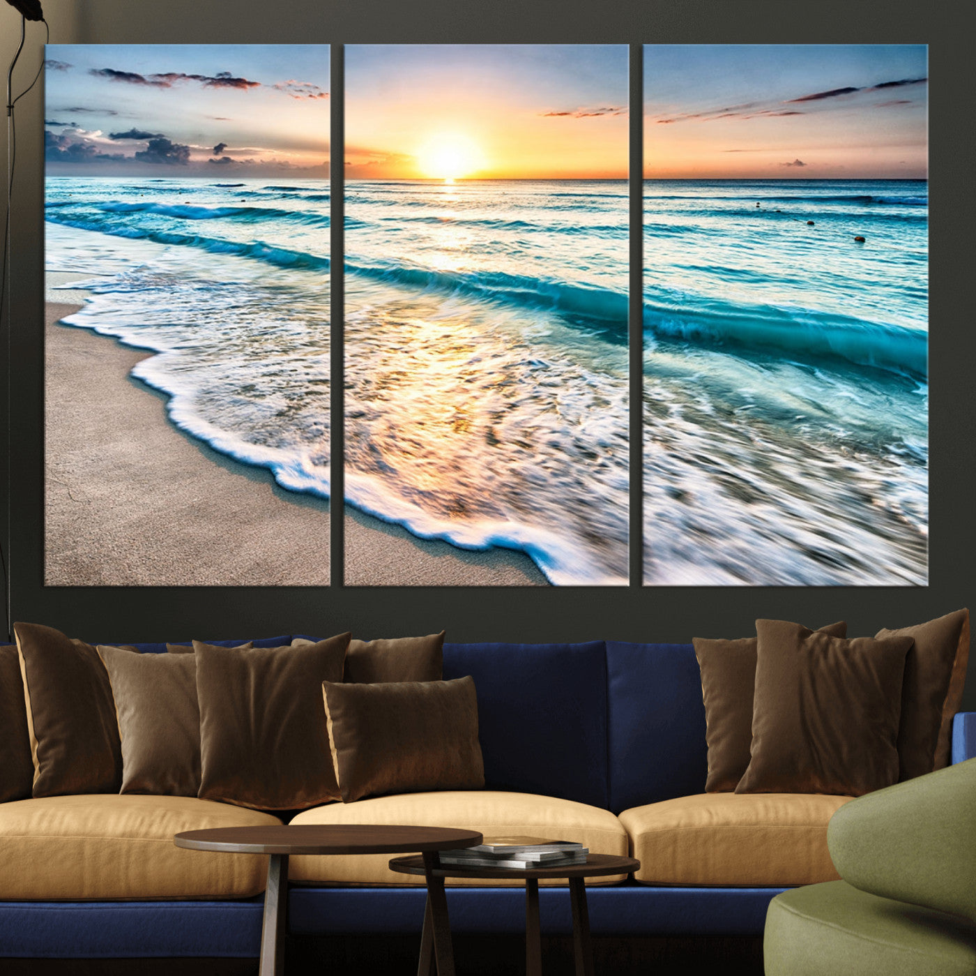 MGV-CV-48X32-3P - Sunset Beach Waves Canvas Wall Art – 5-Panel Ocean Sunset Print – Coastal Decor for Living Room or