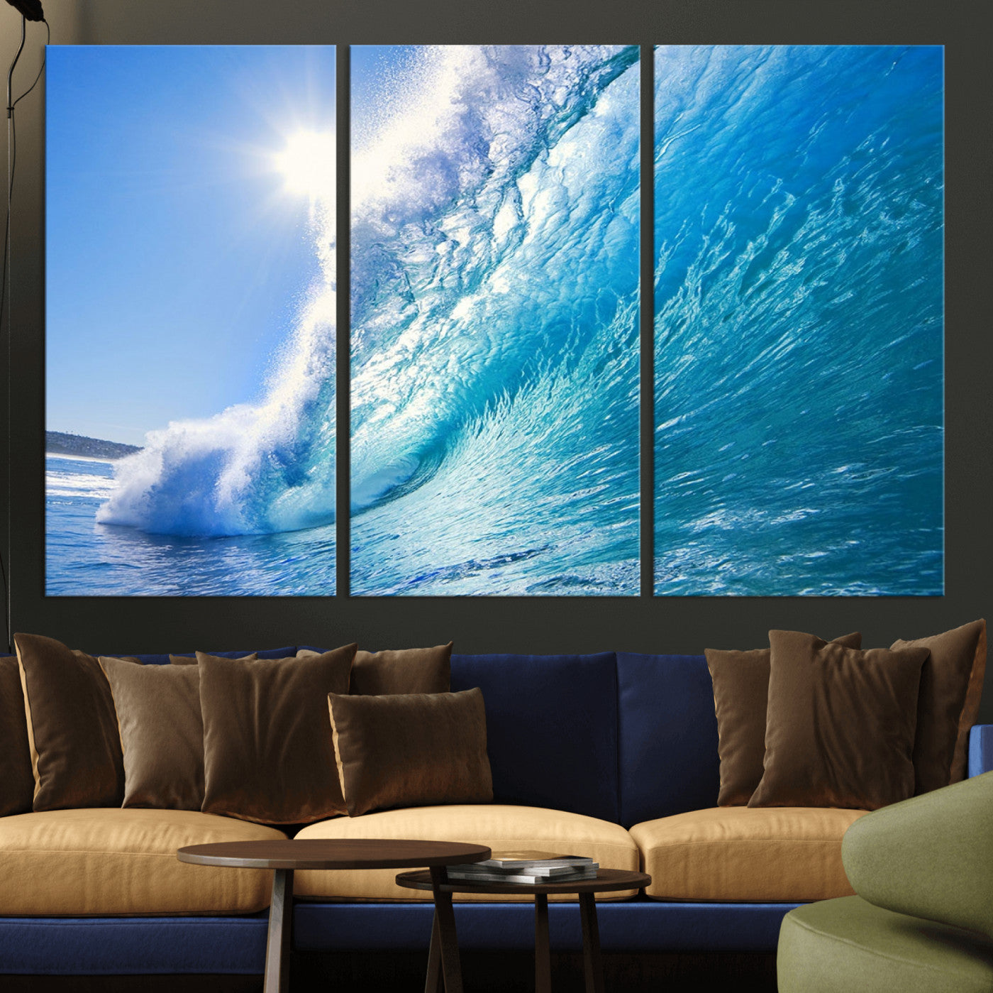 -Blue Big Wave Surfing Ocean Canvas Wall Art Artwork Print
