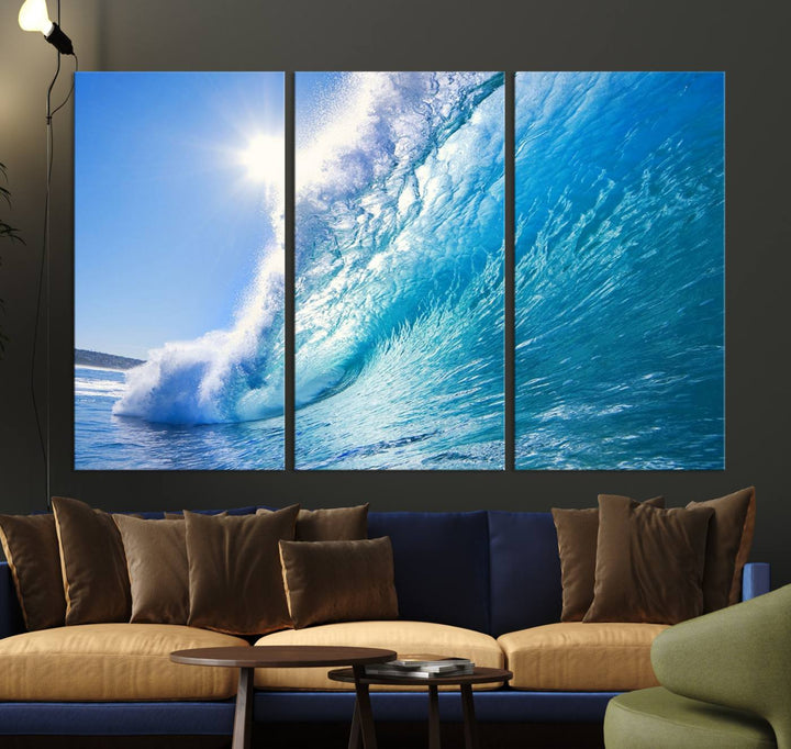 Blue Big Wave Surf Ocean Canvas Wall Art Artwork Print, Art mural de plage, Art de mur de mer