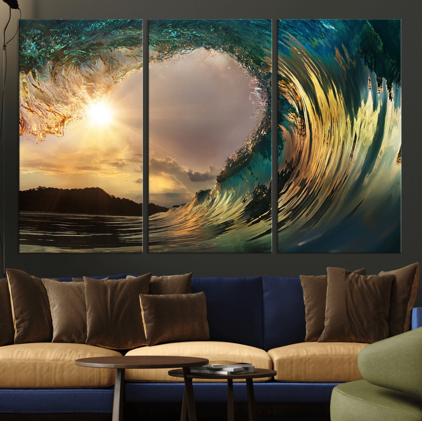 MGV-CV-48X32-3P - Golden Wave Sunset Giclee Canvas Print – Large Coastal Wall Art for Nature Lovers, Captivating Ocean Wave Decor
