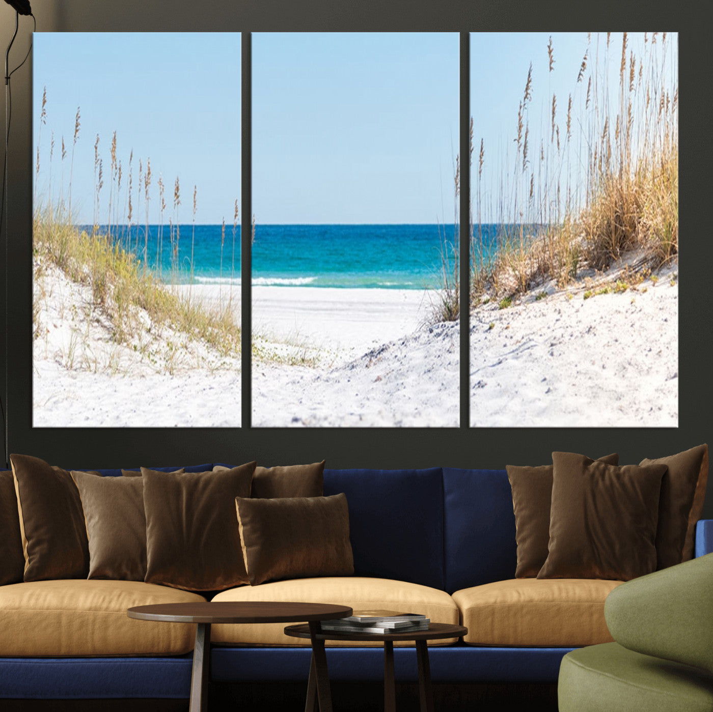 58498-MGV-CV-36X24-Serene Coastal Dune Path with Ocean View, 3-Panel Beach Canvas Wall Art, Tranquil Seascape Giclee