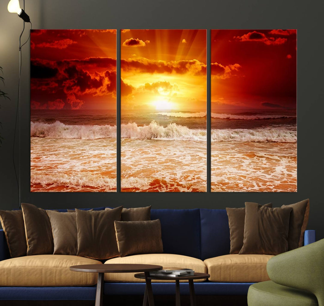 The Red Sunset Ocean Beach Canvas depicts ocean waves.