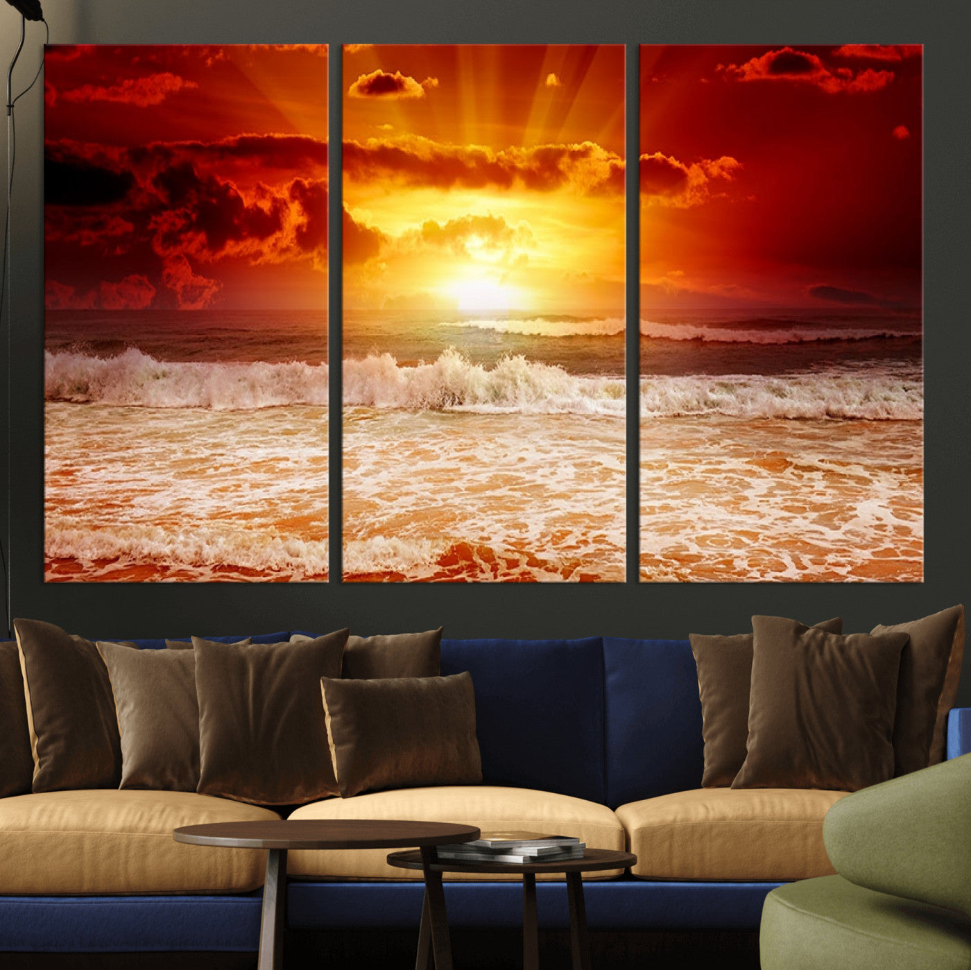 MGV-CV-48X32-3P - Red Sunset Ocean Beach Canvas Wall Art Beach Canvas, Coastal Sunset Print