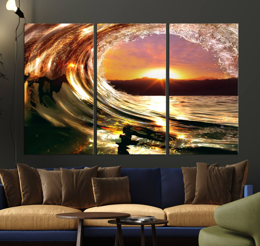 The Golden Wave Sunset Triptych Canvas Art showcases an ocean wave at sunset, casting warm light.