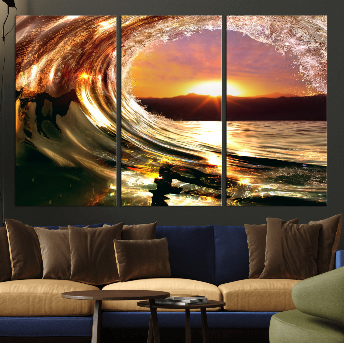MGV-CV-48X32-3P - Golden Wave Sunset Triptych Canvas Art, Giclee Canvas Print of Ocean Wave and Sunset, Framed Ocean