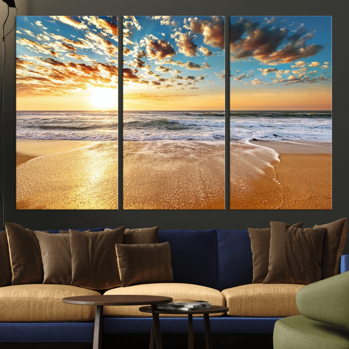 MGV-CV-48X32-3P - Golden Sunset Beach Print Canvas Wall Art, Giclee Canvas Print with Canon Print Quality, Triptych